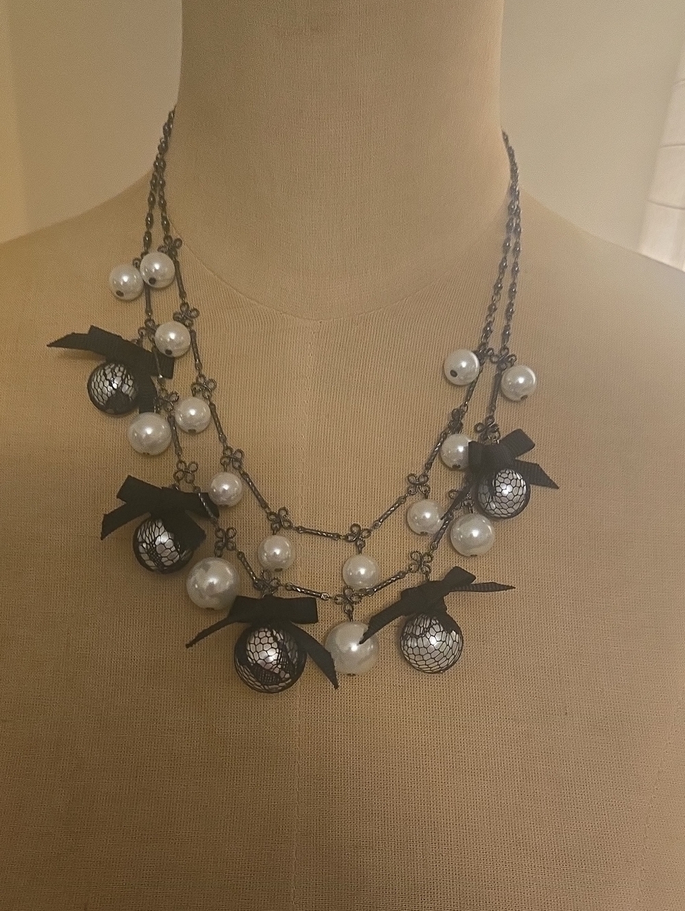 White House Black Market Black Ribbon and White Pearl Multi-Strand Necklace